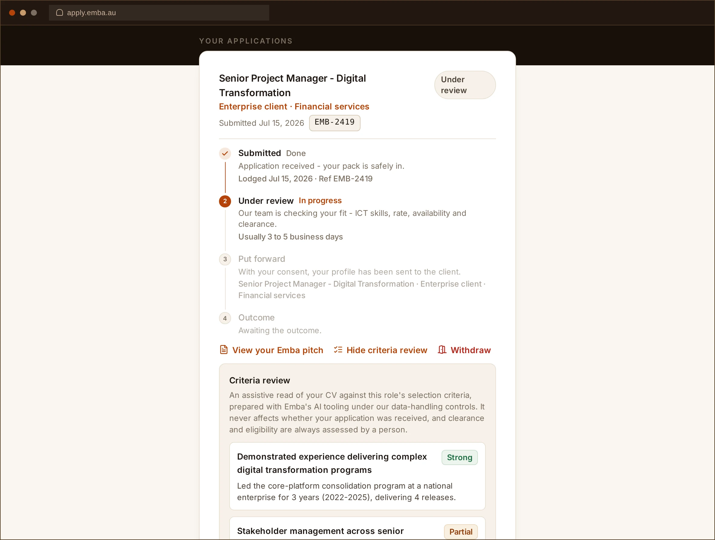 The Emba candidate portal showing a live application timeline and a criteria review with strength ratings